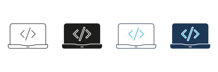 Laptop With Code Symbol Line And Solid Icon Set. Programming, Software Development, And Coding Interface Symbol Collection. Technology And Innovation. Isolated Vector Illustration
