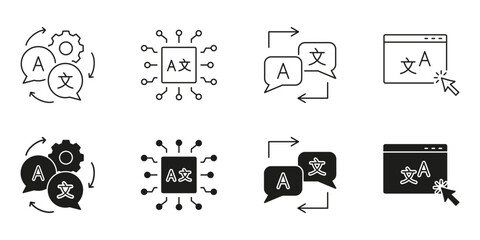 Language Translation And Localization Line And Solid Icon Set. Multilingual Communication, Ai Translation, Globalization Symbol Collection. Isolated Vector Illustration