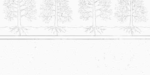 Stylized line art illustration of bare trees with visible root systems in a row above a textured ground layer