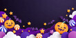 © Leo Nasi - Halloween background for party invitation, greeting card, web banner or Sales with candies in night clouds, cutest pumpkins, bats, ghosts on violet background. Paper cut style, digital craft style