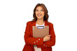 © PeopleVideos - Professional businesswoman smiling, holding clipboard in studio setting, transparent background ideal for graphic design and corporate branding