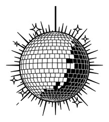 Wall Mural - disco ball with sparkling and sun ray effect black and white outline line art drawing