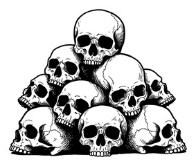 Wall Mural - detailed pile of human skulls stacked vintage style black and white outline line art drawing