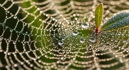 A detailed close-up view of a spiderweb intricately woven, adorned with glistening dew drops, reflecting light in a mesmerizing pattern.
