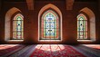 © miss irine - Historic mosque interior features stunning stained glass windows, casting vibrant light onto ornate red carpets. Intricate patterns detail arched window frames, wall structures, creating spiritual,