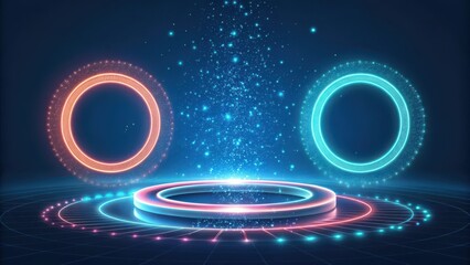 Abstract futuristic podium with glowing rings and particles on dark blue background