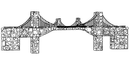 Stylized black and white line drawing of a bridge, featuring a unique design