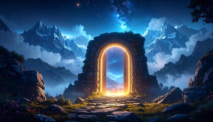 Luminous Gateway to Celestial Mountains: Fantasy Archway