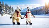 Polar bear and penguin ice skating in winter wonderland