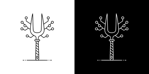 Tuning fork with branching neural lines symbolizing music created by artificial intelligence, outline icon on transparent and black background  