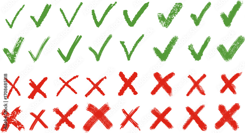 Grunge crayons drawn tick and cross symbols set. Chalk stroke green and ...