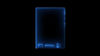 Futuristic blue neon glowing media player interface with play pause and stop buttons on black background digital U I element for technology and entertainment concepts