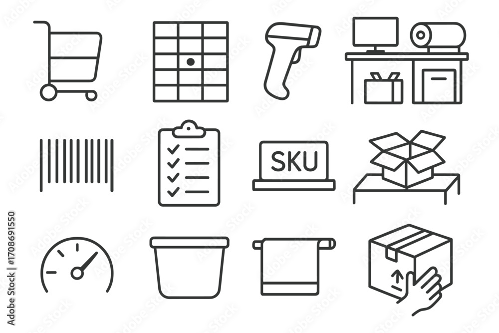 Pick and Pack Icons. Line style icons of pick and pack systems: picker ...