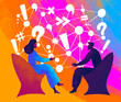© Marusya Wrobel/Stocksy - Discussion between two people with thought bubbles and symbols