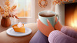 © KateMur - Cozy living room scene with a person holding a warm mug by the fireplace, autumn wreath, pumpkin pie slice on a plate, golden light, atmosphere of gratitude and peace.