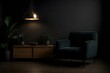 © Muhammad - Modern moody living space with dark armchair, wooden cabinet, potted plants, and pendant lamp lighting