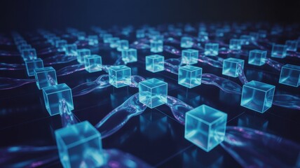 Dynamic blockchain network with glowing blue cubes for cutting-edge technology solutions and secure data transmission applications