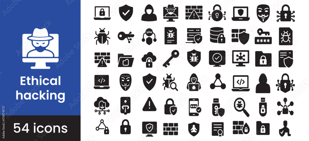 Ethical hacking and cybersecurity icon set for security, featuring ...