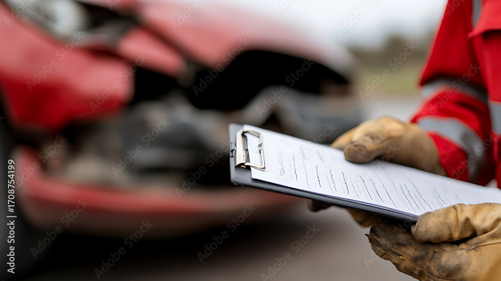 Documenting vehicle collision damage on-site; Insurance adjuster with ...
