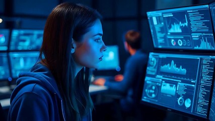 A focused woman in a hoodie examines complex data visualizations on multiple computer screens in a dimly lit, high-tech control room.