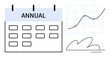© robu_s - Annual wall calendar beside a growth line chart with highlighted points and abstract shape. Ideal for scheduling, progress tracking, business growth, timeline management, annual goals, planning