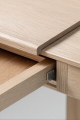 Wall Mural - Minimalist wooden table corner with open drawer detail for modern interior design