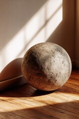 Wall Mural - Sunlit stone ball in minimalist interior on wooden floor