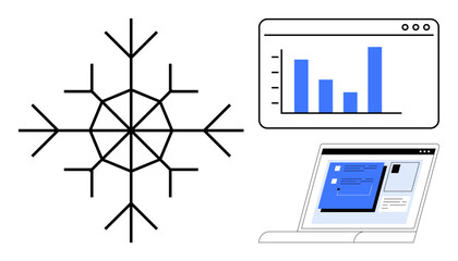 Geometric snowflake, bar chart in a browser window, and a laptop with open digital interface. Ideal for data analytics, technology, software development, workflow optimization, innovation, digital