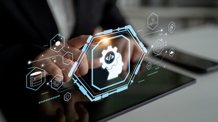 Wall Mural - ai machine learning and software development for modern technology solutions. a concept of coding, d