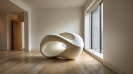 Wall Mural - Contemporary minimalist interior with unique modern sculpture in bright living space