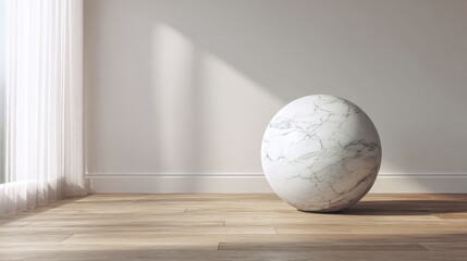 Wall Mural - Modern minimalist interior design with marble sphere sculpture in sunlit room