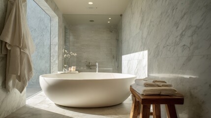 Wall Mural - Luxurious modern bathroom design featuring marble elements and freestanding bathtub