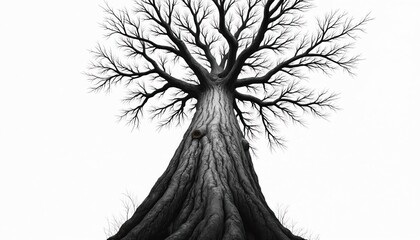 Monochrome line art illustration of tall, detailed tree trunk with bare branches reaching outward against white background. Intricate bark texture, complex branching pattern suggest sense of ancient