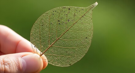 Closeup of a delicate skeleton leaf held between fingers
