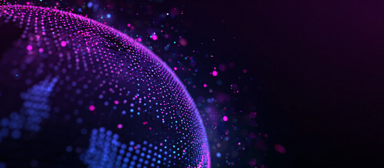 Wall Mural - abstract digital background with glowing purple and blue dots in the shape of a planet earth. big da