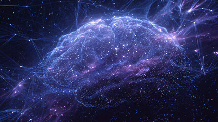Wall Mural - ethereal brain made of glowing purple and blue lines, connected to many white dots representing the 