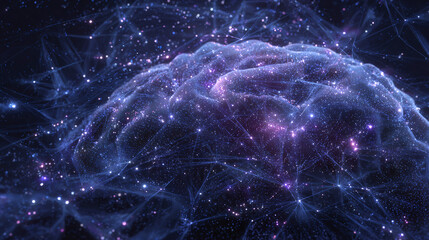 Wall Mural - 3d rendering of the brain in space with glowing connections and stars, dark blue-purple background, 