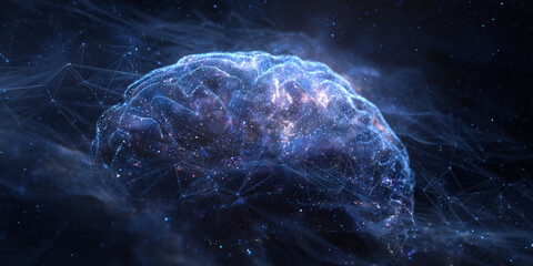 Wall Mural - a digital brain made of glowing connections and lines, set against the dark expanse of space with st