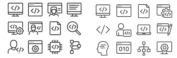 Collection of programming and computer-related icons illustrating coding, software development, and user interface design in a simple style