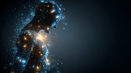 Wall Mural - a glowing figure in profile, composed of stars, in a digital art style