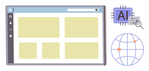 Web interface showcases layout with AI chip and magnifying glass illustration. Global grid symbolizes connectivity. Ideal for innovation, technology, data, AI, networking, research, global concepts