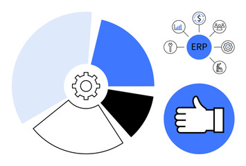 Pie chart, gear, ERP process icons, and thumbs-up symbol representing efficiency, analysis, decision-making, system integration, optimization, project management and simple landing page
