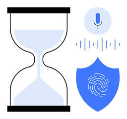 Wall Mural - Hourglass symbolizing time, microphone with soundwaves for voice analysis, shield with fingerprint for data security. Ideal for time management, encryption, authentication, technology, safety
