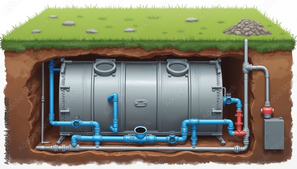 Technical illustration shows underground water storage tank ...