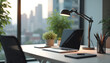 © miss irine - Clean, minimalist modern office desk with laptop, tablet, desk lamp. Organized workspace with plants, city view. Bright, ergonomic setup promotes productivity, inspiration for business professionals.
