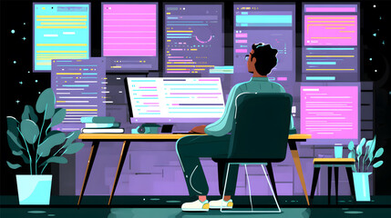 Programmer working at desk with multiple monitors displaying code.