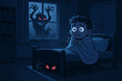 © NoblePix - Vector illustration of child scared in bedroom at night with monsters under the bed and shadows