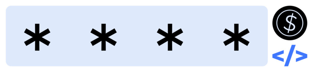 Asterisks symbolize password, dollar sign represents payment, coding brackets signify encryption. Ideal for cybersecurity, finance, payment security, data privacy, coding, software online