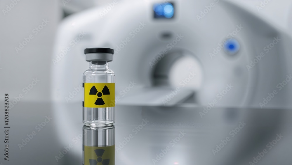 Radioactive Injection For Scan Medical vial with radioactive symbol in front of MRI scanner in ...