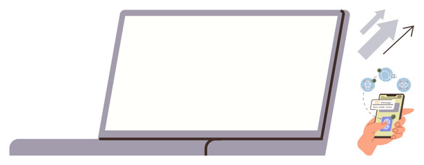 Open laptop and hand holding smartphone displaying app icons and notification bubbles, emphasizing digital connection. Ideal for technology, online work, app promotion, communication, cloud sharing